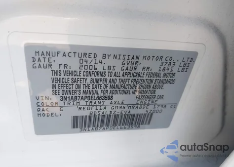 2014 Nissan Sentra Fe+ S/Fe+ Sv/S/Sl/Sr/Sv из США, поврежденный, VIN 3N1AB7AP0EL663598